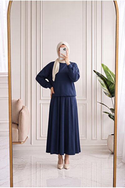 MİHRA STORE Deryanur Kangaroo Pocket Pique Skirt Set-Nl678.1 Navy Blue