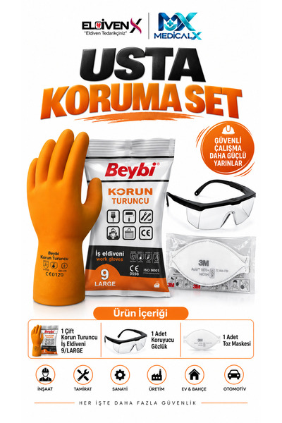 Medicalx Usta Koruma Seti - Korun Turuncu İş Eldiveni 9/L Koruyucu Gözlük ve 3M Toz Maskesi