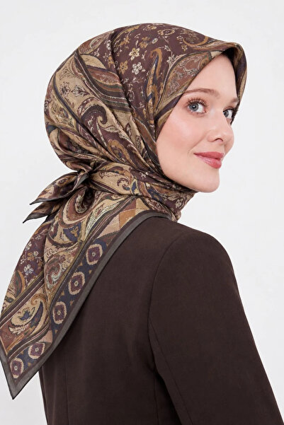 Lesscarves Desenli Pamuk İpek Eşarp 90x90 LS2212 15-Acı Kahve-Bordo-Taba-Bej