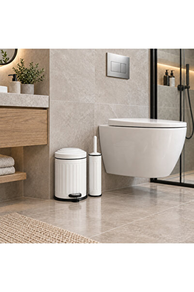FKN Vintage Beyaz 2’li Banyo Seti 5 Litre Pedallı Çöp Kovası ve Tuvalet Klozet Fırçası