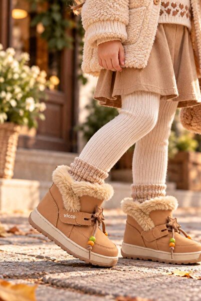 Vicco Children's Tan Boots with Fur, Winter Velcro Laces, Warm Lining, Casual...