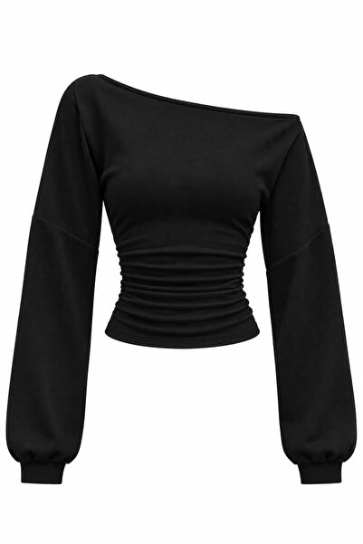 Bade Butik بلوزة سوداء منخفضة الكتف ثنيات