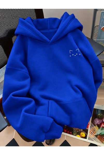 Mavi Oversize Kapüşonlu Sweatshirt Pamuklu Baskılı Erkek