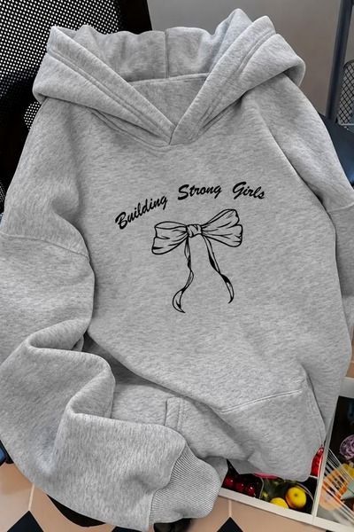 Gri Oversize Kapüşonlu Sweatshirt Pamuklu Baskılı Kadın / Kız