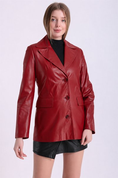 Leather Club Koyu Kırmızı Uzun Blazer Deri Ceket