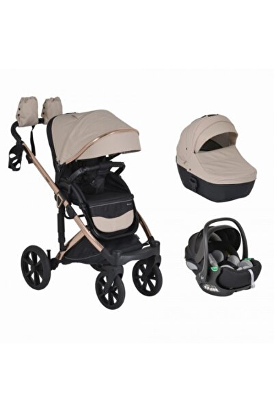 Cangaroo Cărucior 3în1 Eggo Beige, Piele UV50+, Scaun Auto i-Size R129, Amort...