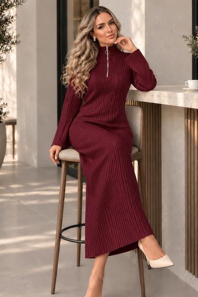 benguen Ribbed Knitwear Dress with Zipper on the Collar K3018 Claret Red