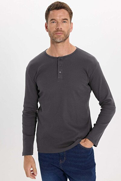 Tudors Erkek Standart Fit Normal Kesim Uzun Kollu Pamuklu Gri Henley Yaka Swe...