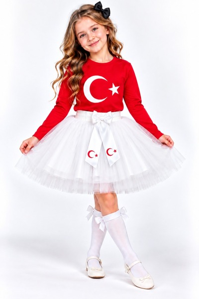 Nacar Kız Çocuk Ay Yıldız Baskılı Uzun Kollu Tişört Tütü Etek Takımı 23 Nisan...