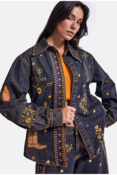 it's basic Kadın Koyu Kot 1w6-10 Oversize Özel Nakış Desen Tasarım Denim Ceket
