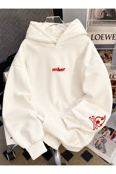 Beyaz Oversize Kapüşonlu Sweatshirt Pamuklu Baskılı Erkek