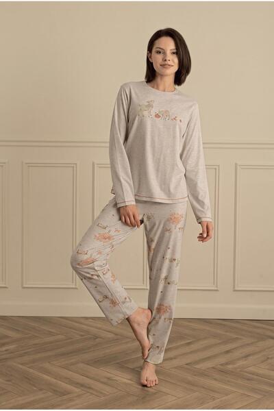 Sevim Kadın Uzun Kol Bej Melanj Pijama Takım C7T1N281