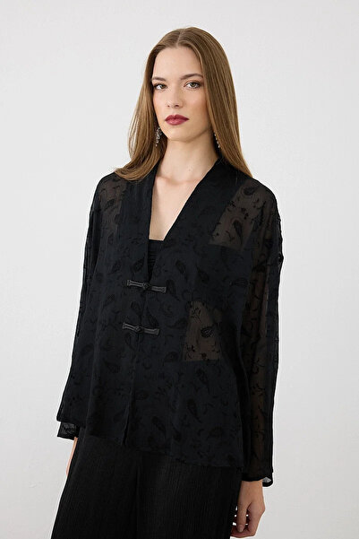 Gusto Shawl Patterned Flocked Organza Jacket - Black