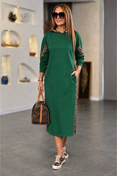 Simala Women's long sleeve hooded leopard detail pocketed long viscose two-th...