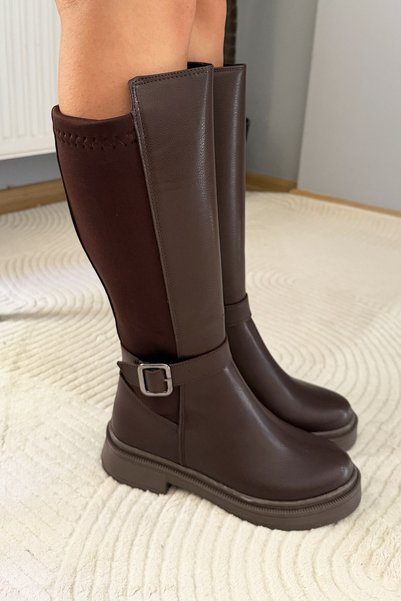 Preshley Women's Fero Brown Leather Below the Knee Diving Fabric Buckle Detai...