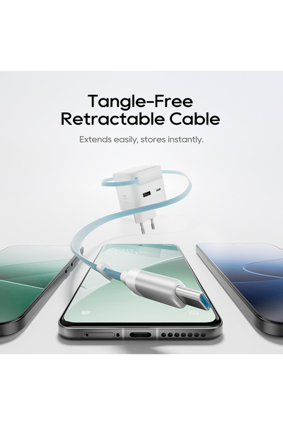 Cuktech Incarcator retea cu cablu retractabil USB-C 0.7m, tehnologie GaN, por...