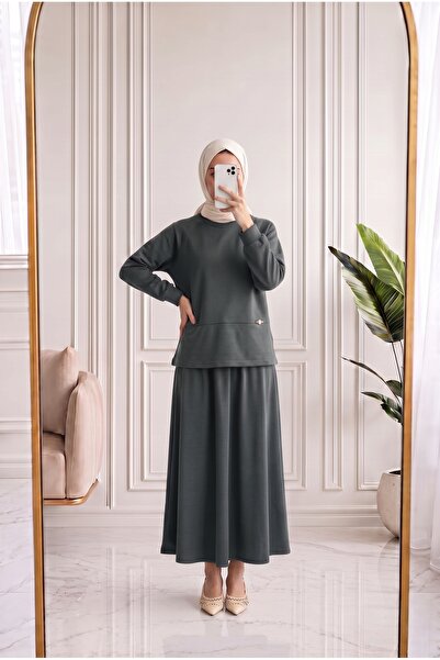 MİHRA STORE Bengisu Slit Skirt Suit with Accessory Detail - Ey1072 Khaki