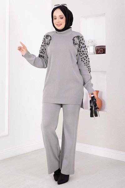 EBRUTESETTÜR Shoulder Stone Detailed Knitwear Double Set Gray