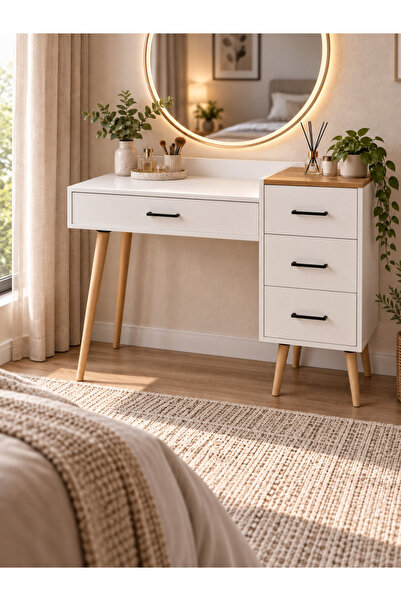 Dorm Çekmeceli Ahşap Ayaklı Makyaj Masası / Beyaz- Atlantik Çam / 120x90 cm