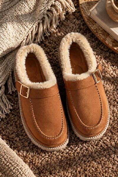 Platana Women's Suede Orthopedic Winter Slippers – Faux Fur and Ankle-Strap Buckle