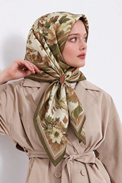 Lesscarves Desenli Pamuk İpek Eşarp 90x90 LS2213 02-Krem-Haki-Taba