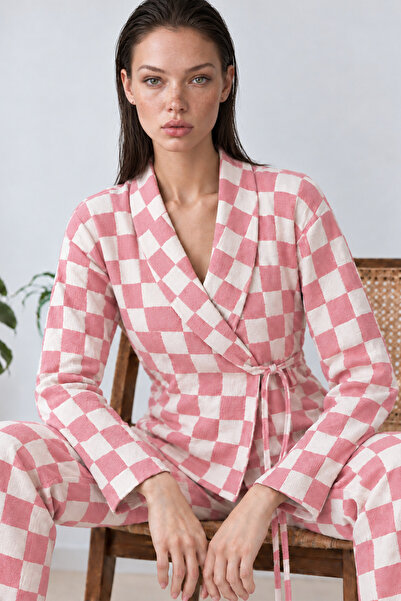 FİT WOMEN Women's Double Breasted Collared Checkered Belted Waist Pink Pajama...