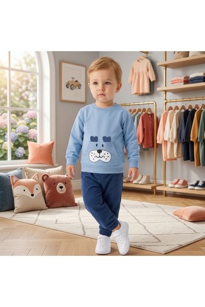 Erca Home Tekstil Ürünleri 100% Cotton Seasonal Men's Suit with Kangaroo Pocket 12 Months, 2Y, 3Y, 4Y Men's Blue