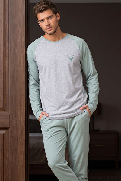 Siyah İnci Mint Green Deer Embroidered Cotton Lycra Knitted Pajama Set 262418...