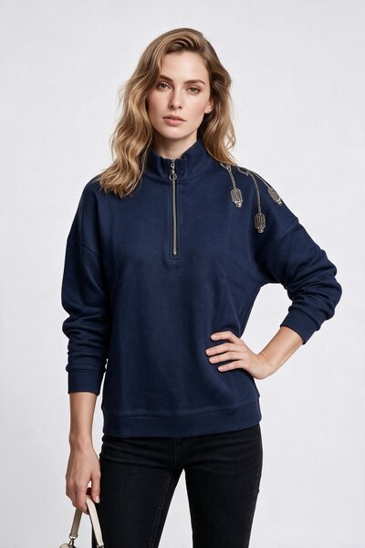 Vedi Kadın Dik Yaka Yarım Fermuarlı Omuz Detaylı Pamuk Karışımlı Sweatshirt