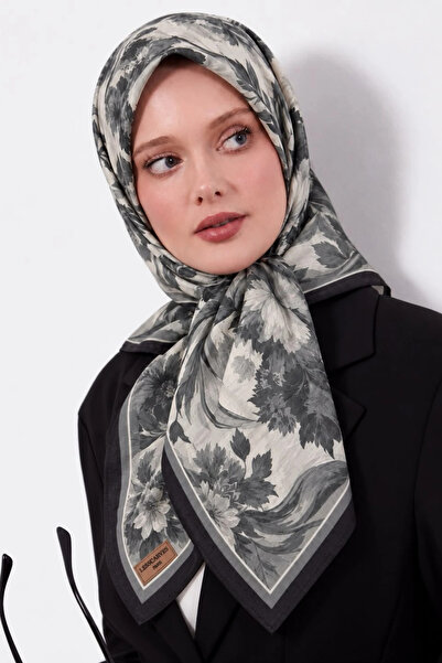 Lesscarves Desenli Pamuk İpek Eşarp 90x90 LS2213 05-Ekru-Gri-Taş