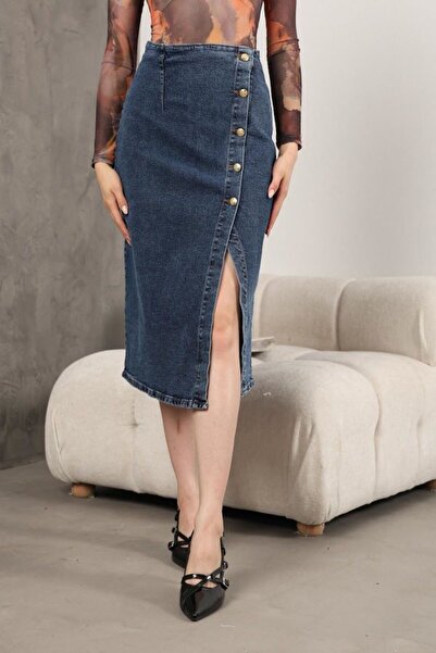 SHİROSA Asymmetrical Button Detailed Denim Skirt