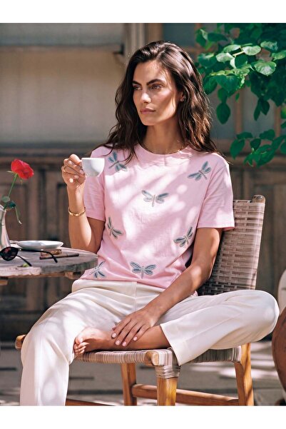 Juuuj Candy Pink Cotton Crew Neck Comfortable Fit Beaded Stone Embroidered Dr...