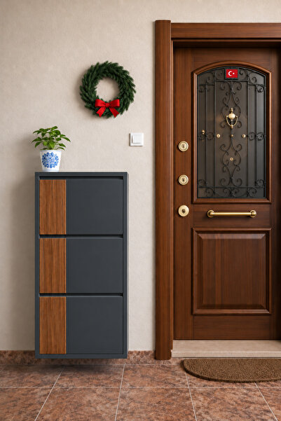 formood Üçlü Metal Ayakkabılık Antrasit Ahşaplı ABD CEVİZ MDF DİKEY