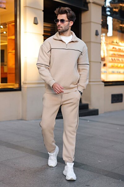 Madmext Beige Stripe Detailed Stand Collar Men's Tracksuit Set E7380
