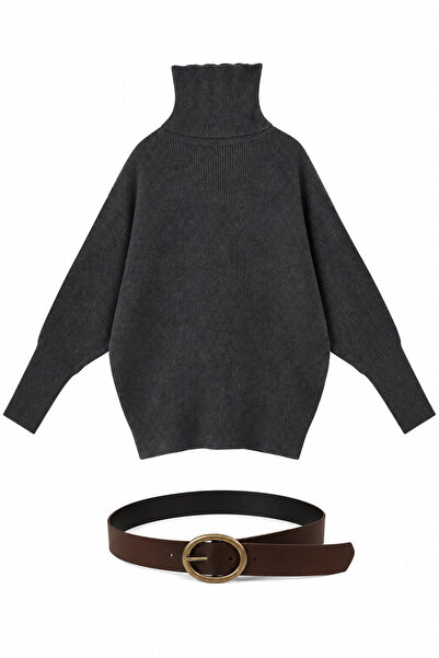 Juuuj Anthracite Knitwear Turtleneck Bat Sleeve Asymmetrical Cut Knitted Swea...