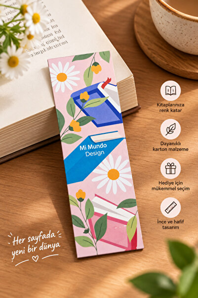 Mi Mundo Design Çiçekli Kitap Ayracı 5x15,5 cm – | 350 gr Mat Kuşe | Hediyeli...