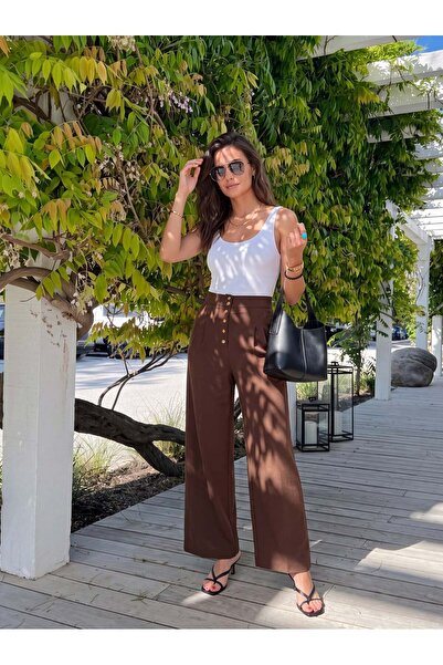 Juuuj Brown Woven Fabric High Waist Pleated Form Gold Button Detailed Palazzo...