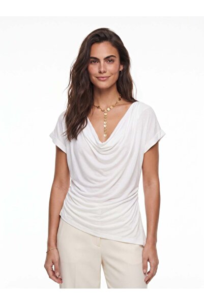 Juuuj White Stretchy Fabric Degaje Collar Short Sleeve Asymmetrical Cut Waist...