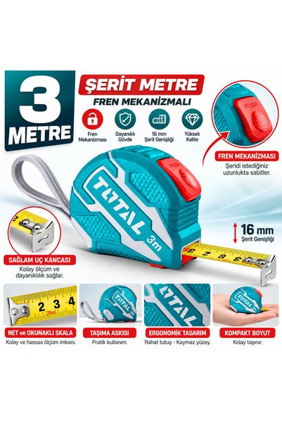 TOTAL Orjinal Şerit Metre Stoplu Fren Mekanizmalı Patentli Premium Metre 3 Me...