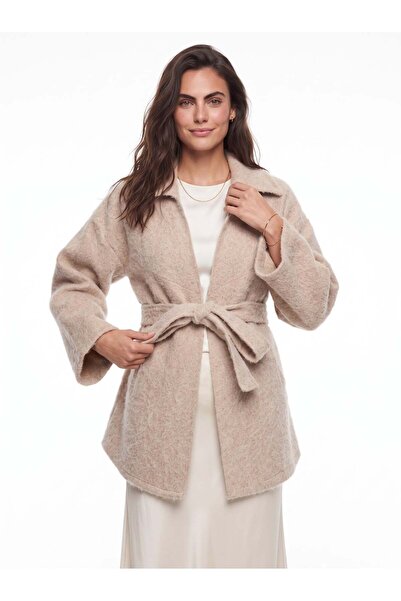 Juuuj Beige Polyester Faded Cashmere Fabric Shirt Collar Waist Tie Detail Lon...