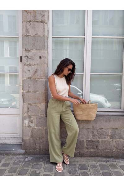 Juuuj Green Cotton Linen Textured Pants with Elastic Waist and Lace-Up Detail...