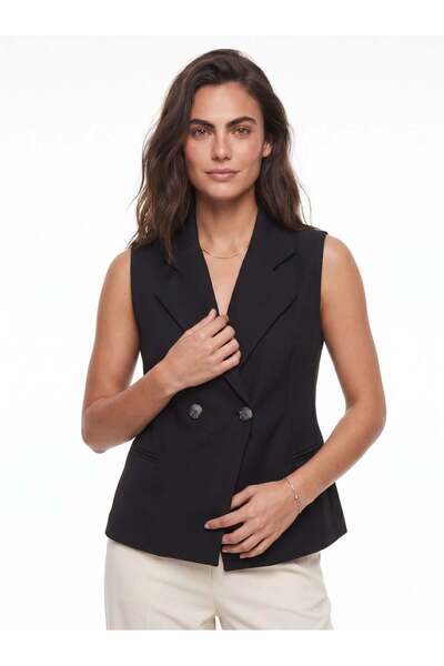 Juuuj Black Rayon Blend Fabric Shawl Collar Asymmetrical Cut Button Detailed ...