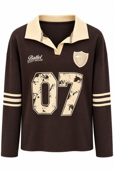 Mixray 2257 Women's 07 Printed Polo Collar Oversize Sweatshirt Brown