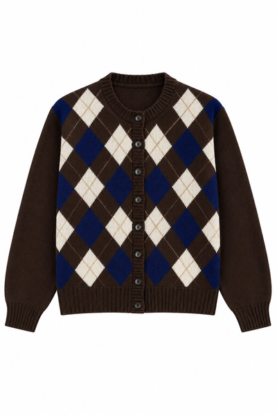 Juuuj Coffee Acrylic Knitwear Textured Crew Neck Vintage Diamond Patterned Fr...