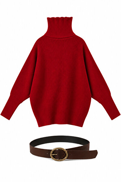 Juuuj Red Knitwear Turtleneck Bat Sleeve Asymmetrical Cut Knitted Sweater wit...