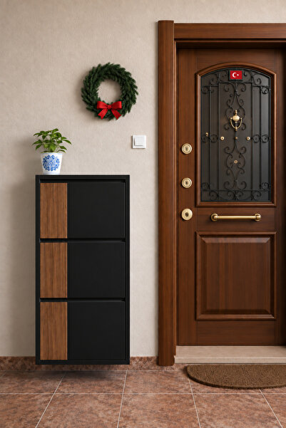 formood Üçlü Metal Ayakkabılık Siyah Ahşaplı ABD CEVİZ MDF DİKEY