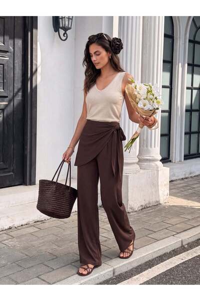 Juuuj Brown Viscose Textured High-Waisted Wide-Legged Trousers with Draping a...
