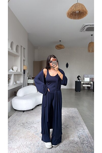 Buket Teke Navy Blue Thin Modal Triple Kimono Athlete Pants Set