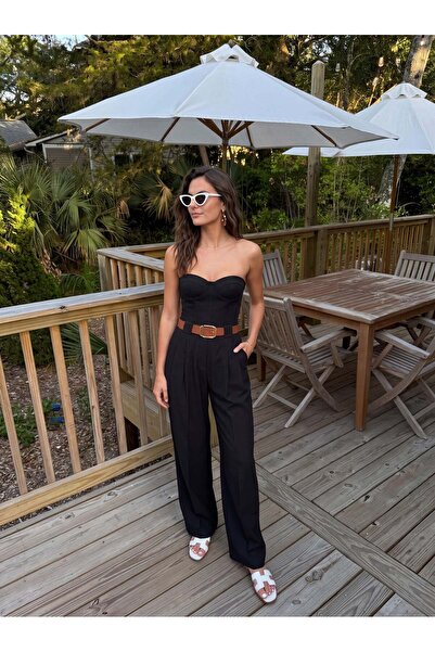 Juuuj Black Flowy Fabric High Waist Wide Leg Comfortable Fit Belted Side Pock...