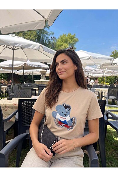 Juuuj Μπεζ βαμβακερό μπλουζάκι με λαιμόκοψη ποδηλάτου, άνετη εφαρμογή, κεντημ...